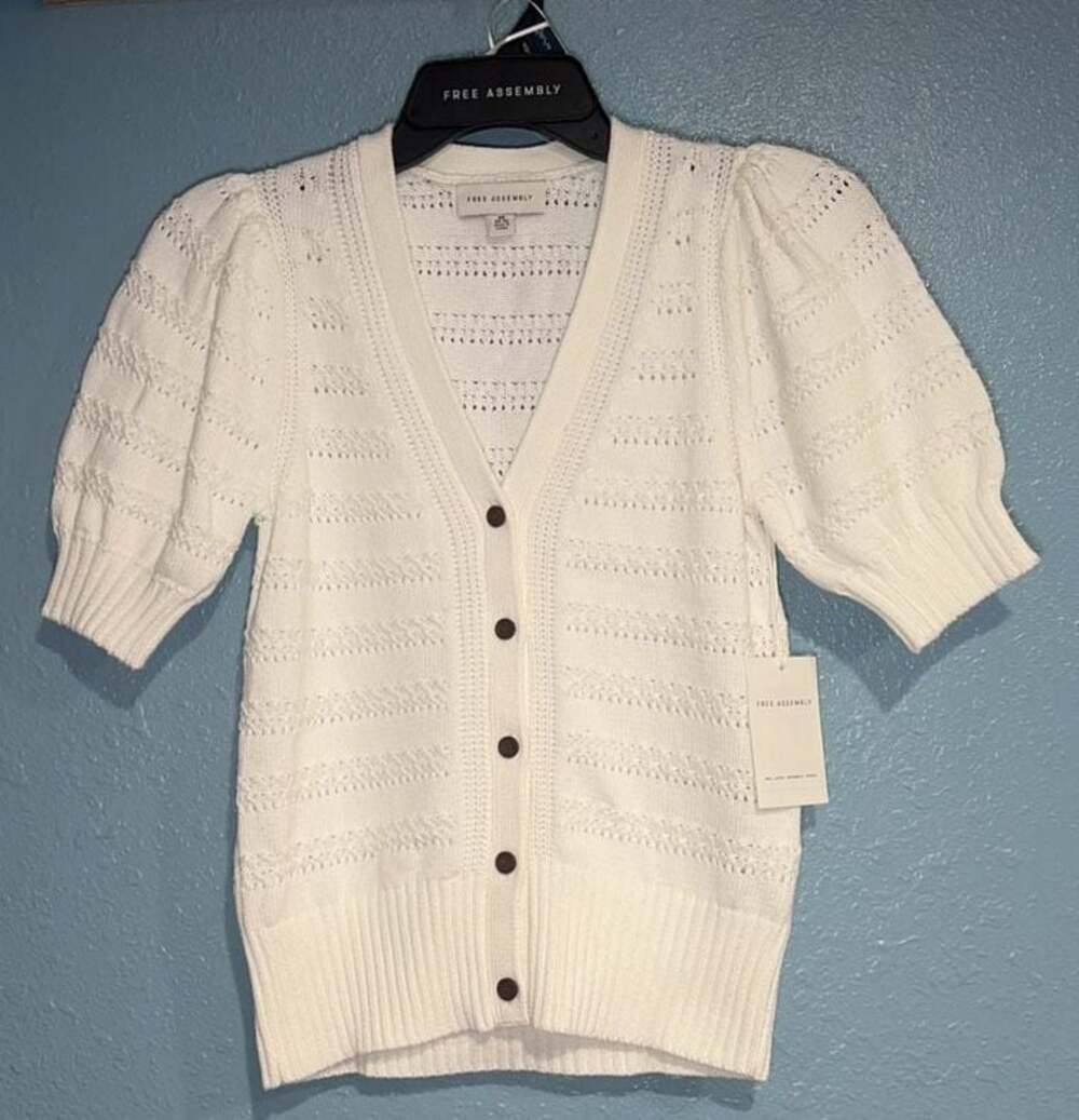 Free Assembly Women's Puff Sleeve Crochet Cardigan Sweater